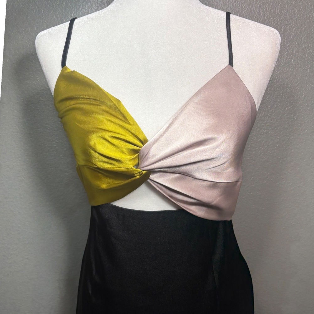 Topshop Satin Colorblock Twist Front Mini Dress Chartreuse beige Black US 2